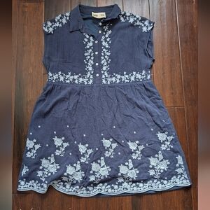 Blue Flower Embroidery Cotton Dress L